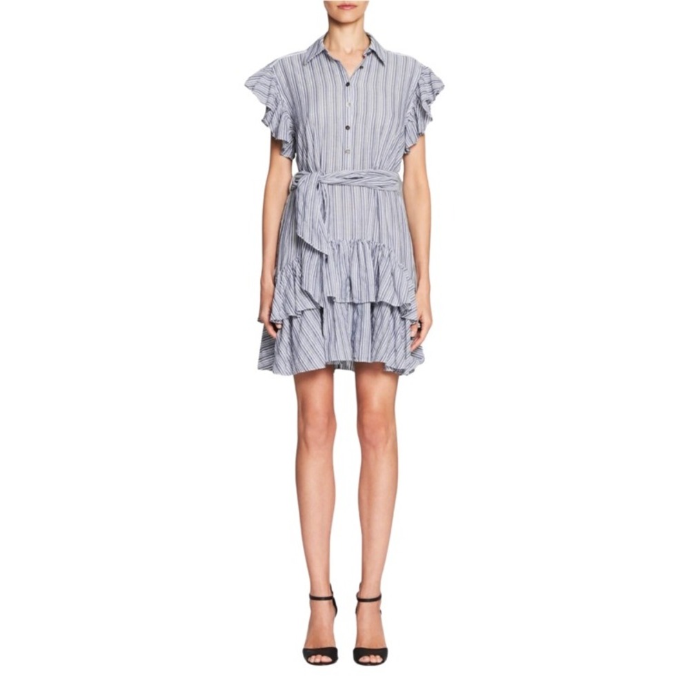 Rebecca Taylor Yarn Dyed White Striped Ruffle Tiered Cotton Dress Blue Milk 4